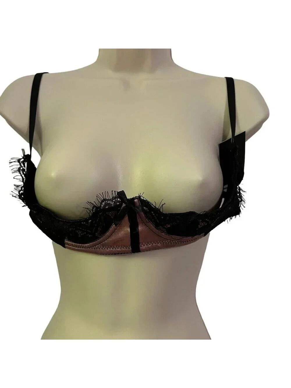 Frederick's of Hollywood Lux Lace Over Satin Shelf Bra Pink Black Womens Size 18